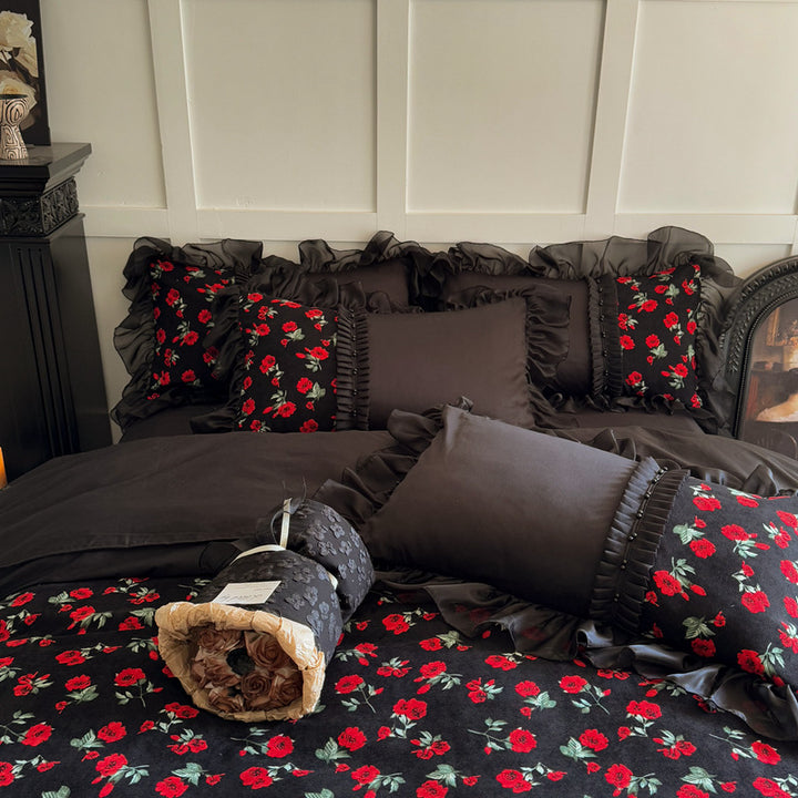 Luxuriös Romantisch Rüsch Floral Satin Bettwäsche Set