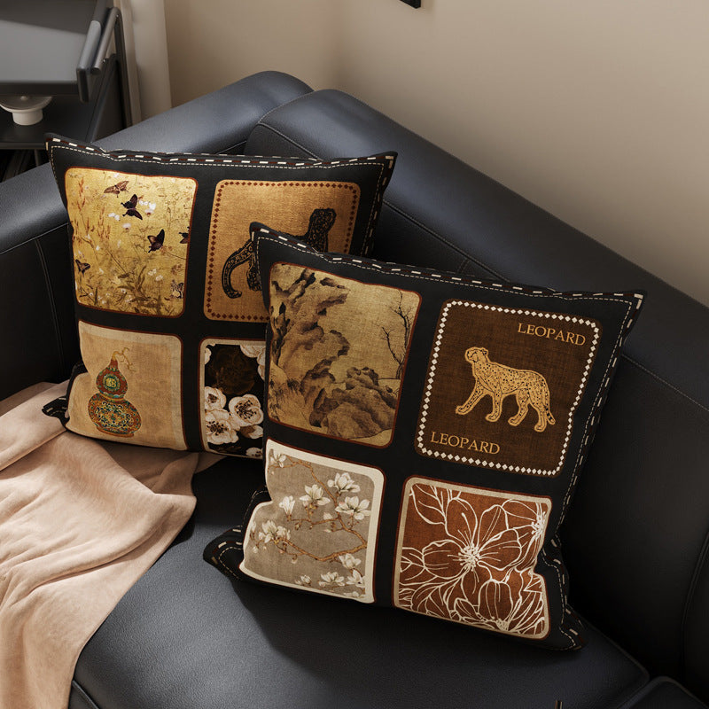 Decorative Patchwork Velvet Throw Pillow Cover with Asian-Inspired Scenic Panels and Metallic Gold Accents