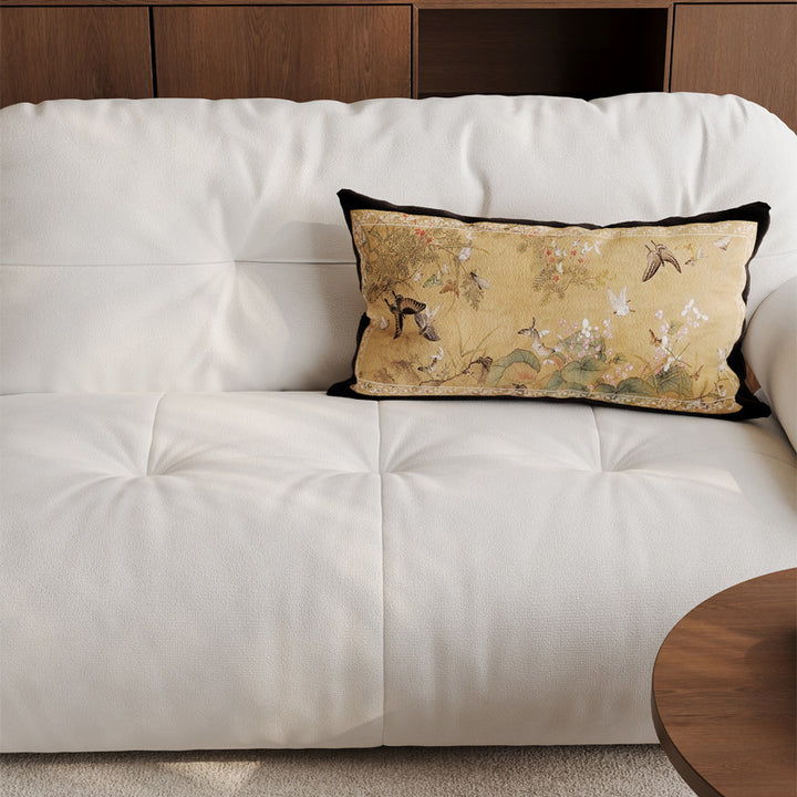 Decorative Rectangular Linen-Blend Lumbar Pillow Cover with Oriental Bird and Blossom Print and Contrast Velvet Border