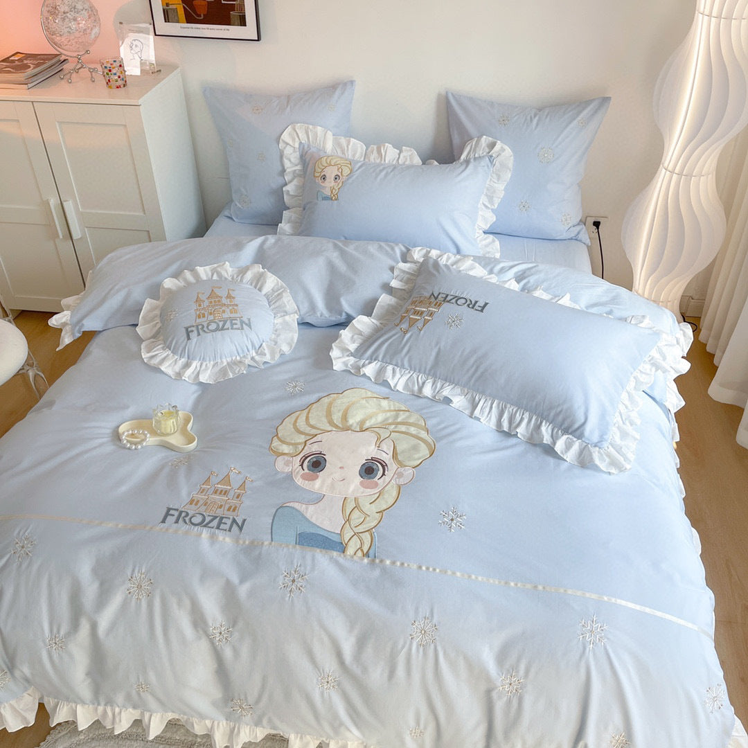 Prinzessin Frozen Bestickter Rüschender Baumwoll Bettbezug Set mit Dekorativen Wurfkissen