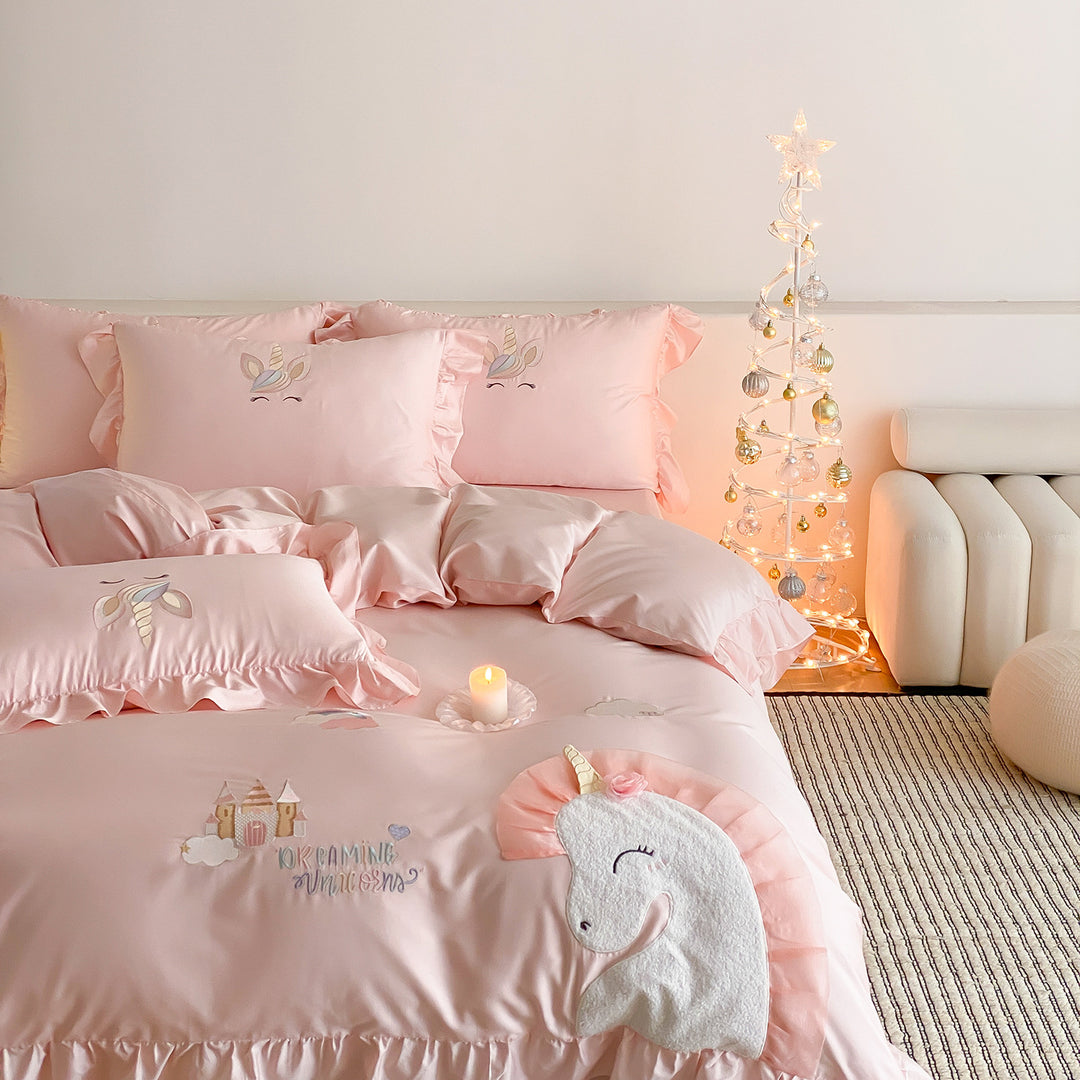 Einhorn Bestickte Rüsch Satin Bettbezug Set