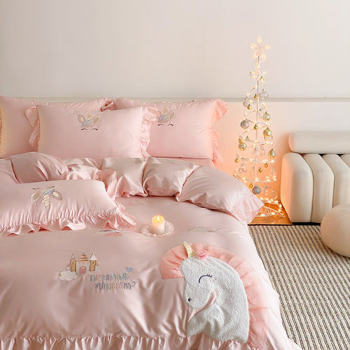 Einhorn Bestickte Rüsch Satin Bettbezug Set