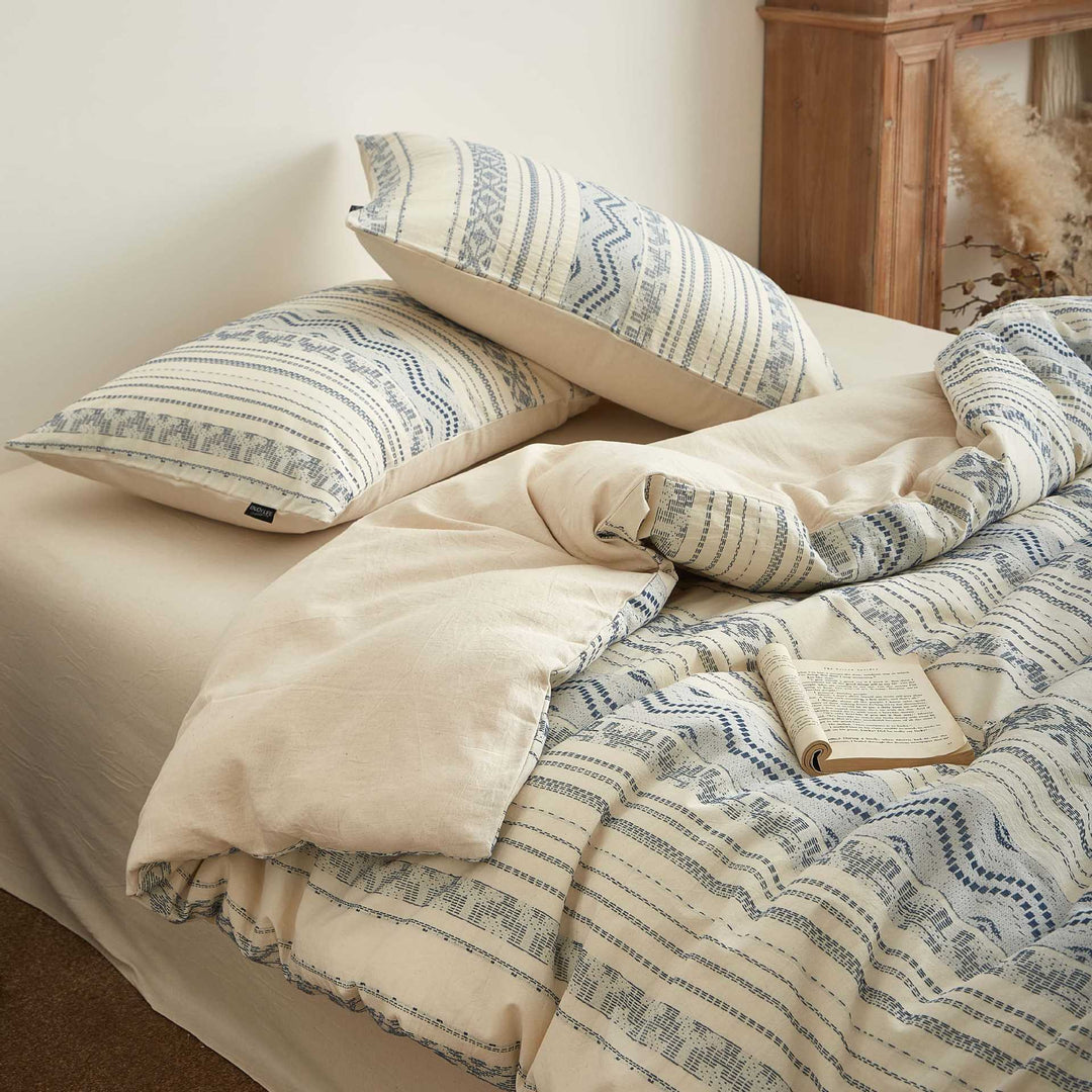 Washed Cotton-Linen Tribal Stripe Duvet Cover and Pillowcase Set