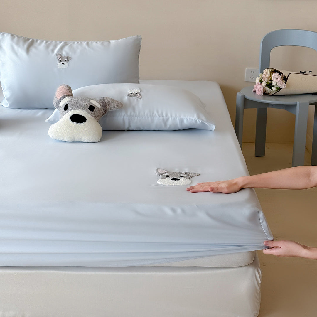 Besticktes Panda-Satin-Kissenbezug- und Spannbettlaken-Set