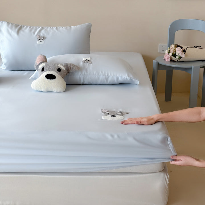 Besticktes Panda-Satin-Kissenbezug- und Spannbettlaken-Set