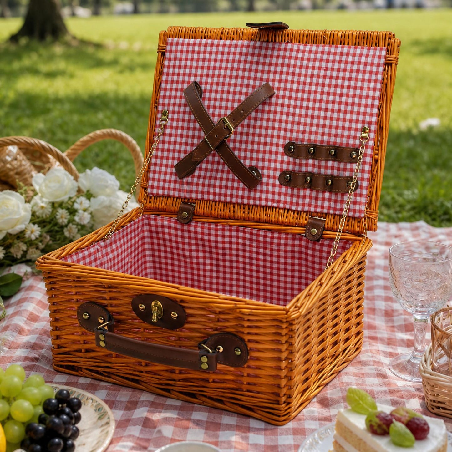 Damen Luxus Picknickkorb mit versetztem Geschirrfach und floralem Innenfutter Karnz