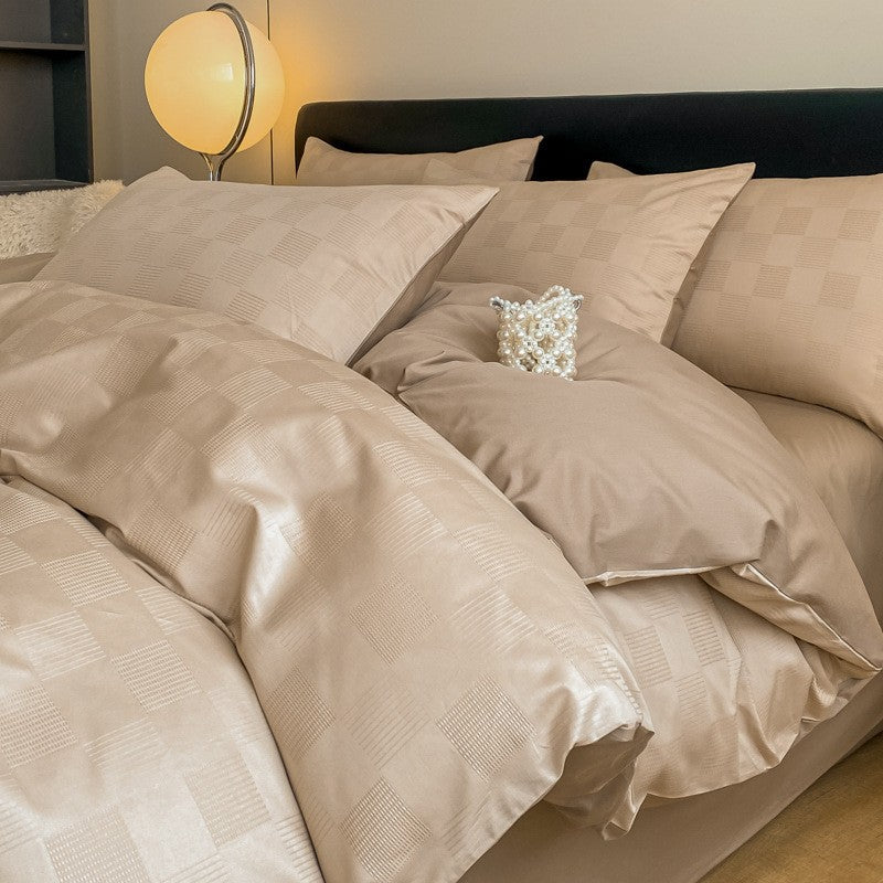 Luxuriöses Jacquard Karo Satin Bettwäsche Set mit Kissenbezügen und tiefem Spannbettlaken