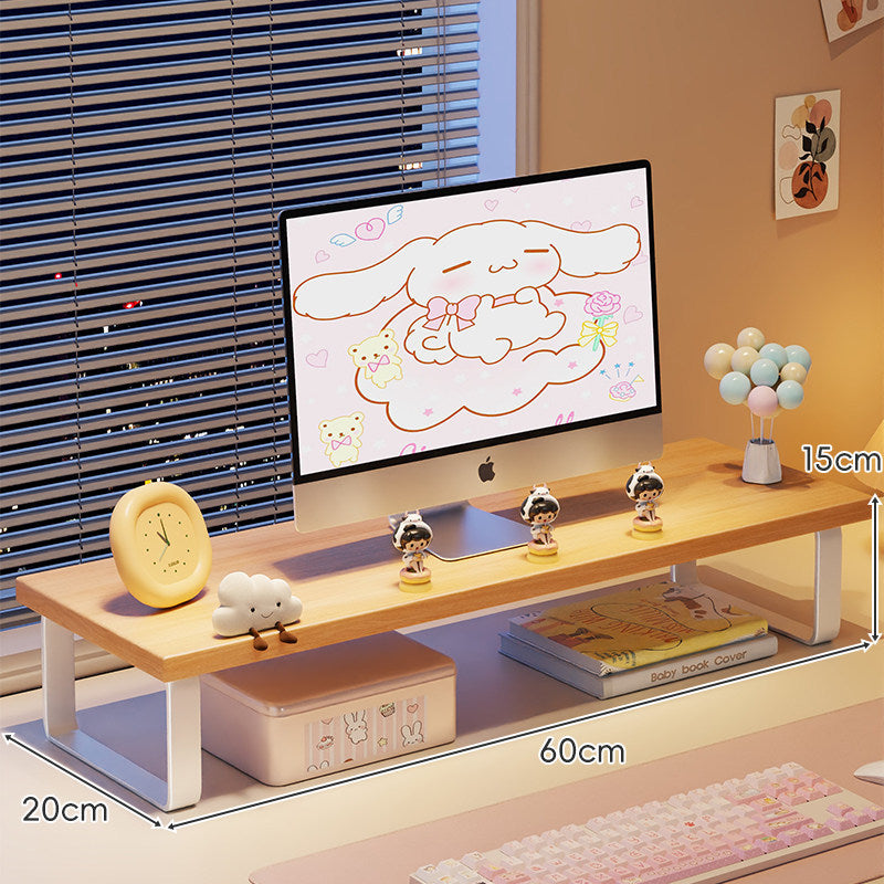 Kompakte Holz-Desktop-Monitorerhöhung mit Metallbeinen und unterer Ablagefläche
