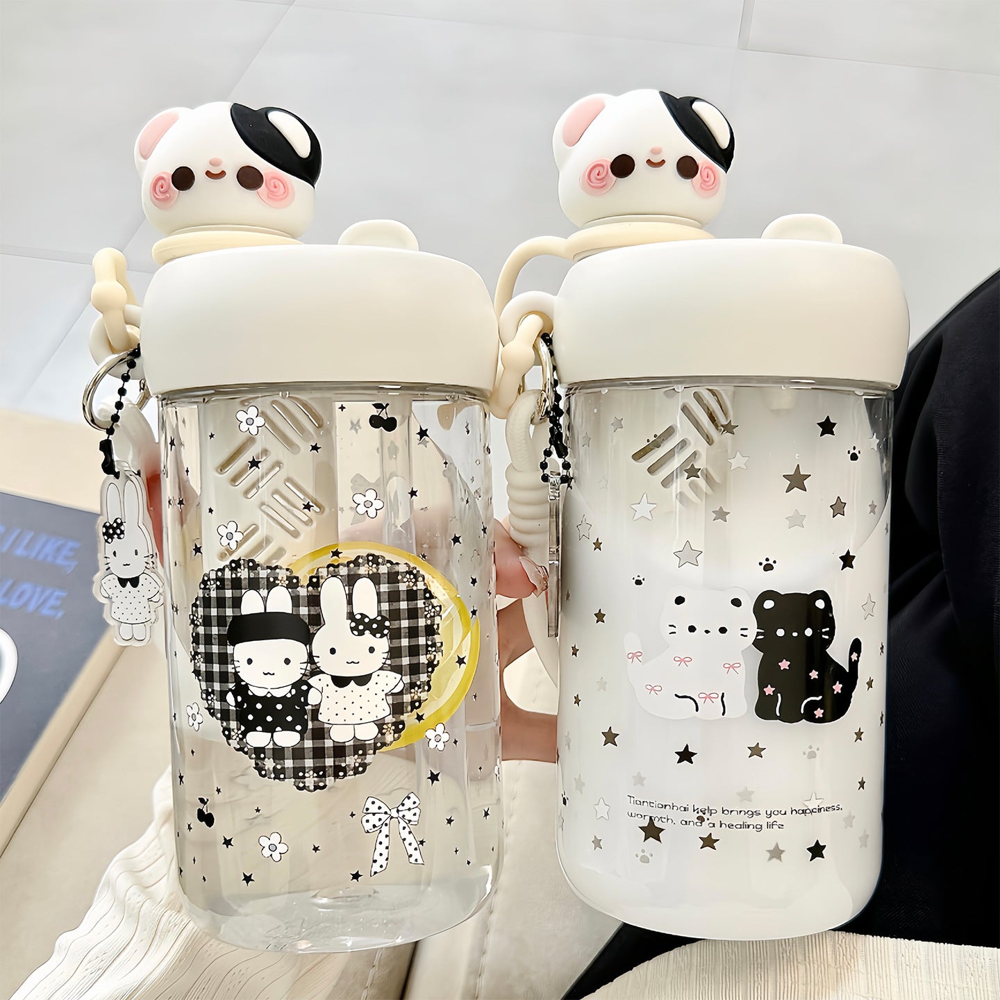 Damen Trinkflasche mit Tiermotiven und integriertem Strohhalm Karnz
