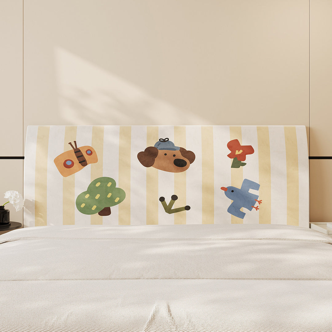 Decorative Headboard Cover Slipcover with Printed Puppy Motif and Polka Dot Microfiber Fabric