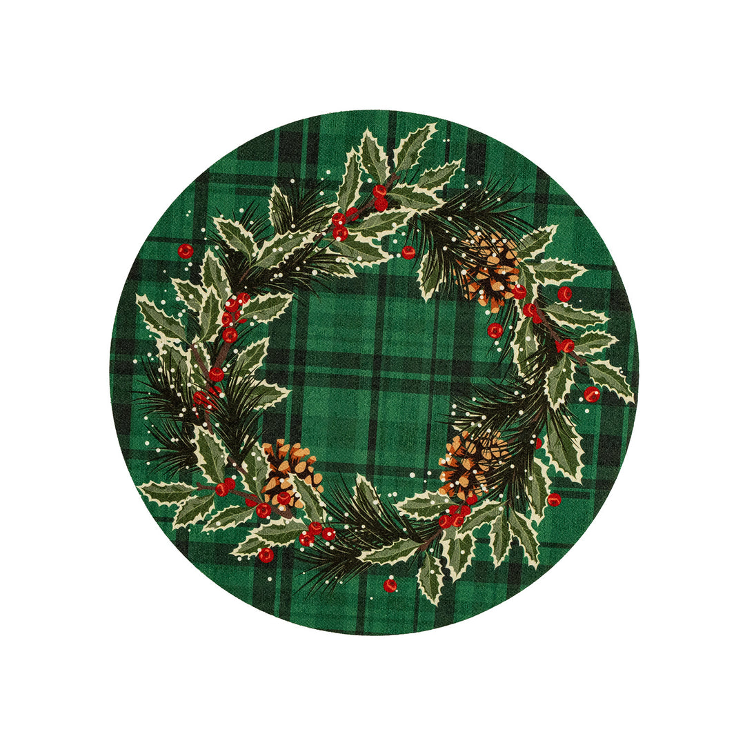 Rundes abwischbares Tischset mit weihnachtlichem Kranz- und Tartan‑Print