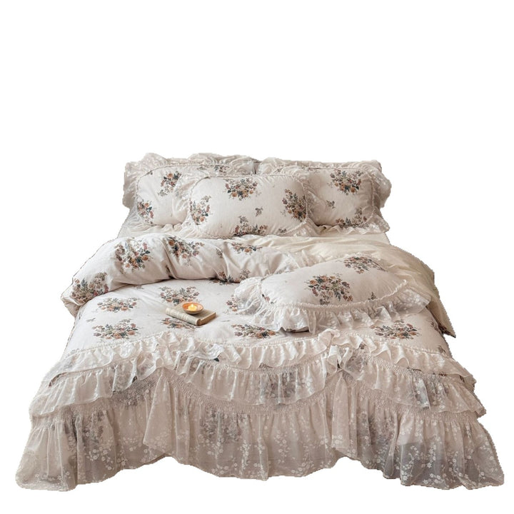 Rüsch Vintage Blumen Baumwolle Bettbezug und Kissenbezug Set