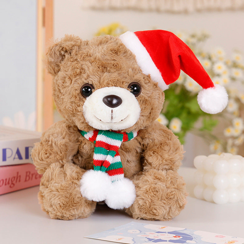 Festlicher Feiertags-Plüschbär Dekorative sitzende Kuschelfigur mit Pom-Pom-Schal & Veloursmütze Karnz