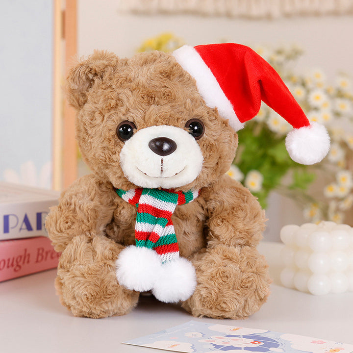 Festlicher Feiertags-Plüschbär Dekorative sitzende Kuschelfigur mit Pom-Pom-Schal & Veloursmütze Karnz