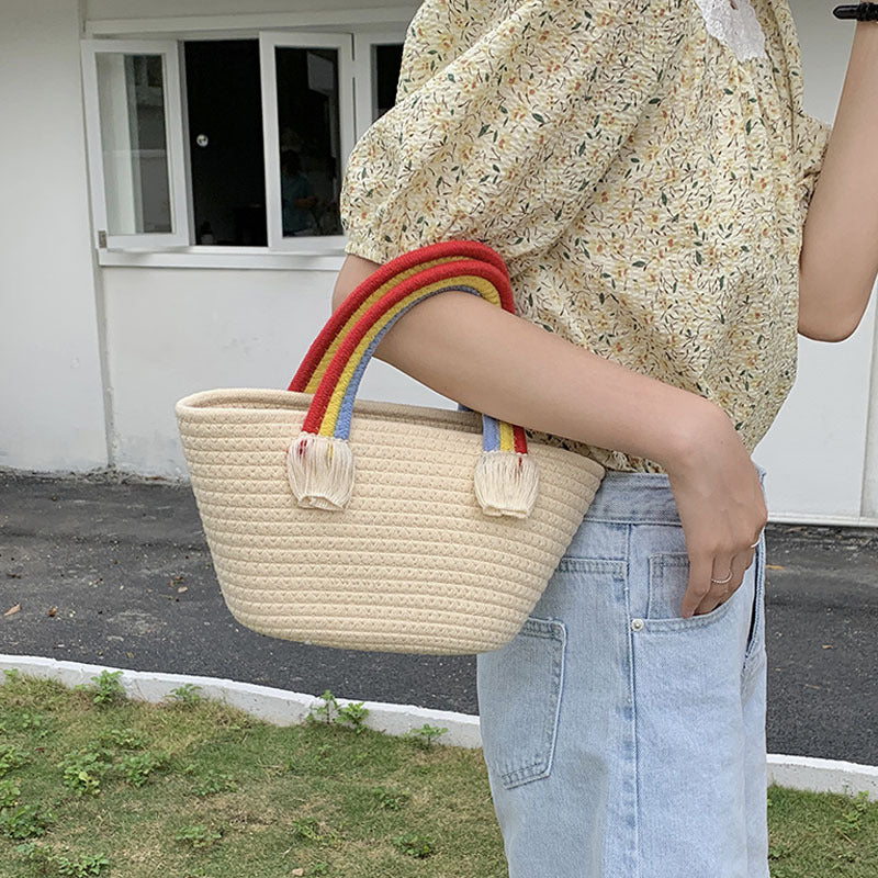 Damen Korbtasche mit buntem Regenbogenhenkel Karnz