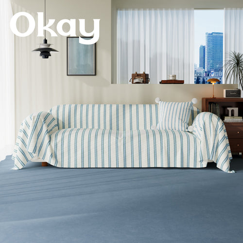 Quilted Striped Reversible Sofa Slipcover with Pom-Pom Accent Pillow