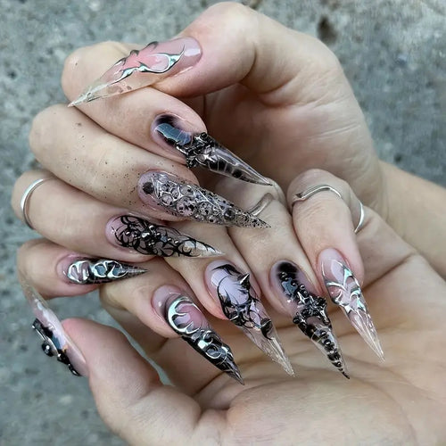 Künstlerische Gothic Stiletto Press-On Nägel Karnz