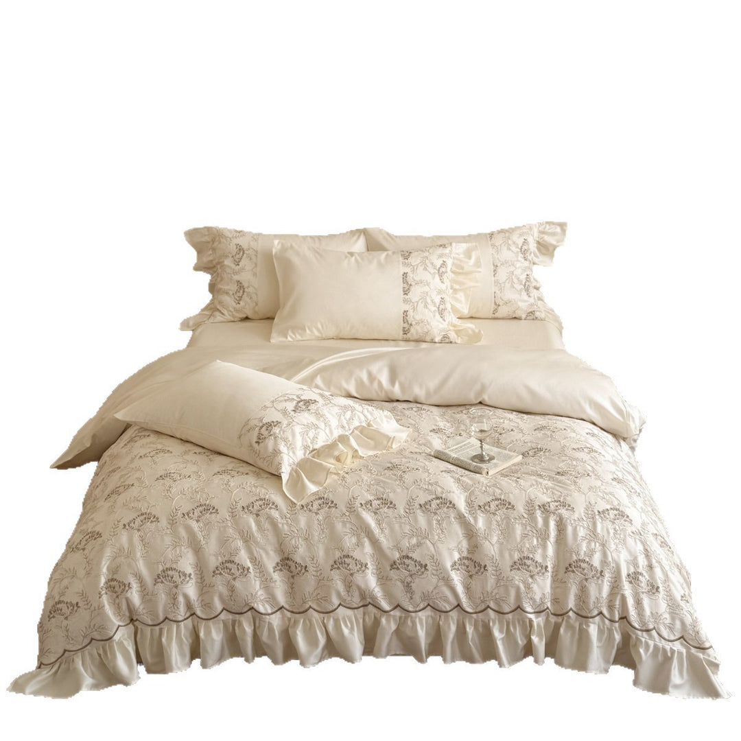 Luxus Gestickte Florale Baumwollsatin Bettbezug Set mit Wellensaum & Wendbarem Satin Rücken