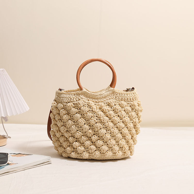 Damen Handtasche aus hochwertigem Makramee mit Holzgriff Karnz