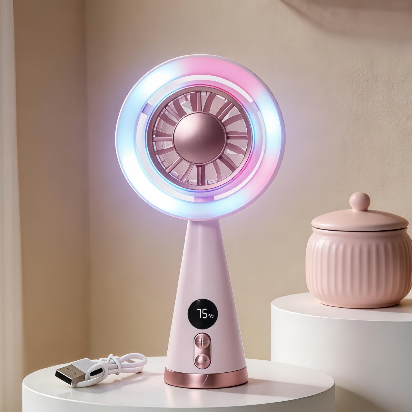 Damen Tragbarer Mini-Ventilator mit LED-Beleuchtung und digitaler Geschwindigkeitsanzeige Karnz