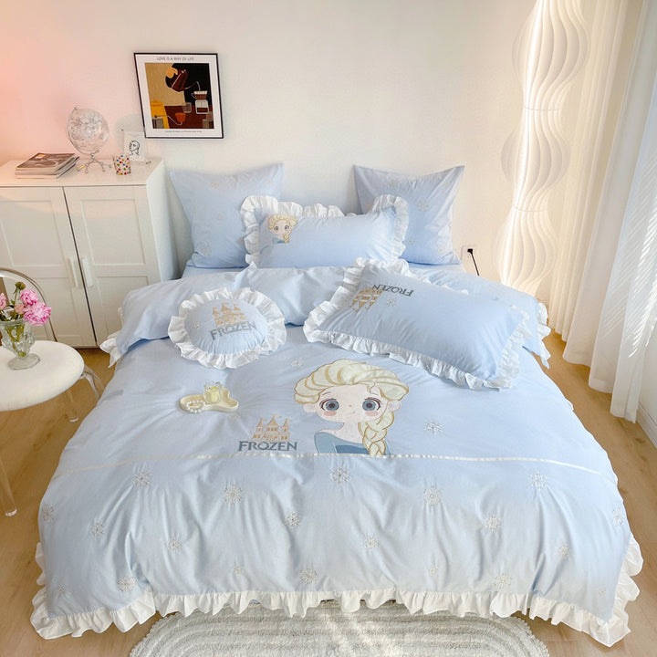 Prinzessin Frozen Bestickter Rüschender Baumwoll Bettbezug Set mit Dekorativen Wurfkissen