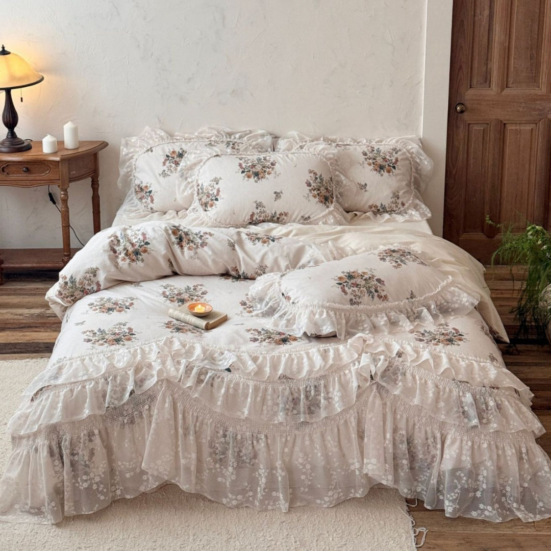 Rüsch Vintage Blumen Baumwolle Bettbezug und Kissenbezug Set