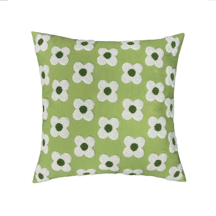 Quadratischer Zierkissenbezug mit handtuftetem Blumen‑Relief und Bouclé‑Applikationen Karnz