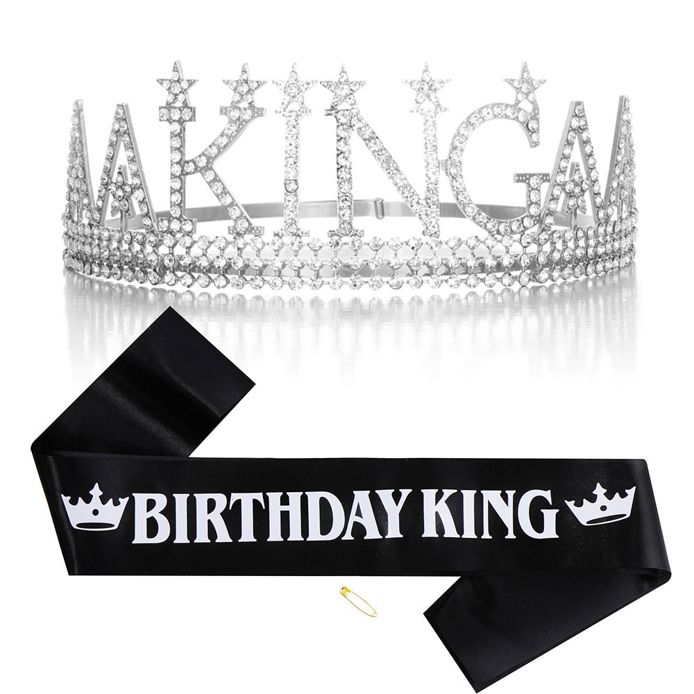 Damen Glitzernde Geburtstagskrone mit einem regalem "Birthday King"-Schärpen-Set Karnz
