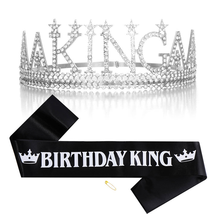 Damen Glitzernde Geburtstagskrone mit einem regalem "Birthday King"-Schärpen-Set Karnz
