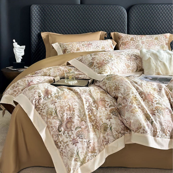 Seidene Blumen-Satin Bettbezug Set mit Satin Saum und Umschlagkissenbezügen