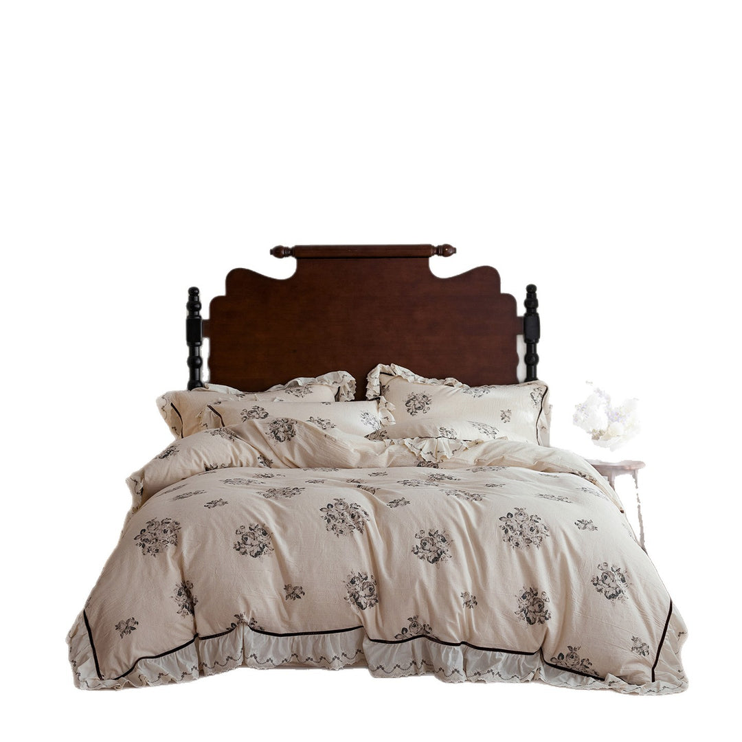 Baumwoll-Leinen Bettbezuggarnitur mit vintage Rosen-Print, Volantkissen und natürlicher Crinkle-Optik