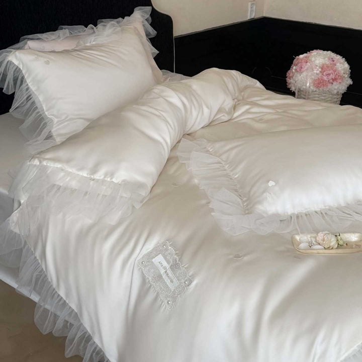 Satin Rüschentüllbesatz Knopfverschluss Bettbezug Set
