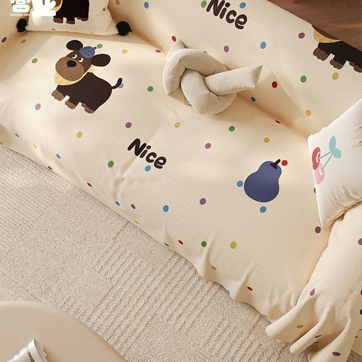 Stretch-Fit Cartoon-Print Textured Sofa Slipcover with Elasticized Corners