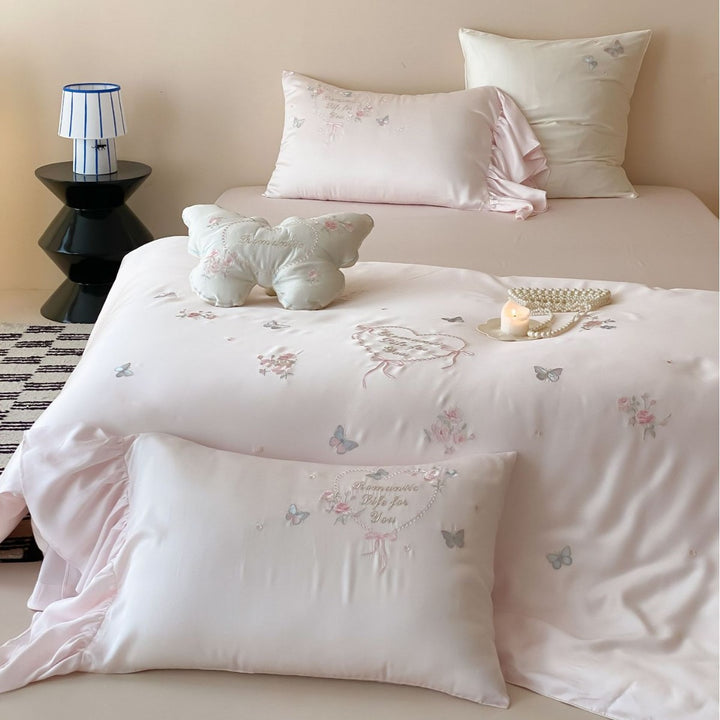 Luxuriöses Besticktes Satin Bettwäsche Set mit Rüschenkissenbezügen