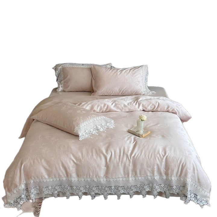 Bürstenmikrofaser-Jacquard-Bettbezug-Set mit Spitzenbesatz-Kissenbezügen