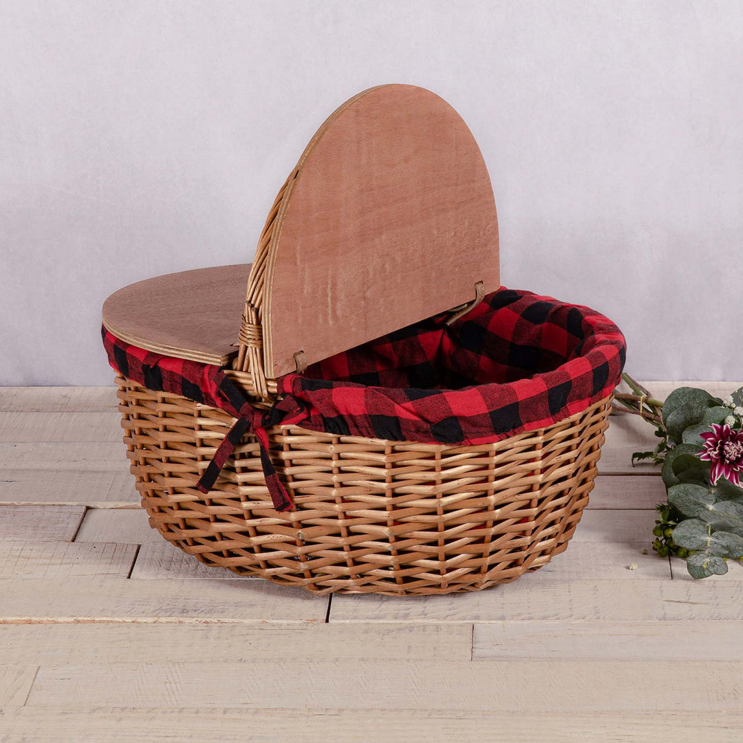 Damen Picknickkorb mit praktischem Holzdeckel und gestreiftem Innenfutter Karnz