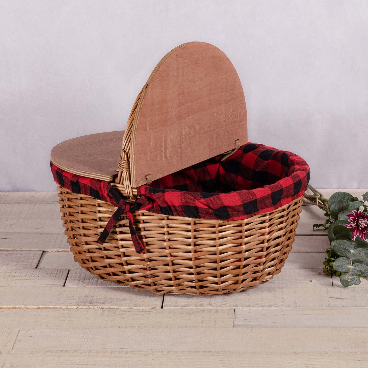 Damen Picknickkorb mit praktischem Holzdeckel und gestreiftem Innenfutter Karnz