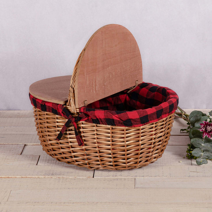 Damen Picknickkorb mit praktischem Holzdeckel und gestreiftem Innenfutter Karnz