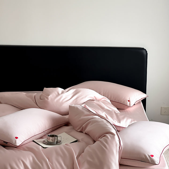 Luxus Satin Bettbezug Set mit kontrastierenden gepipten Kissenbezügen
