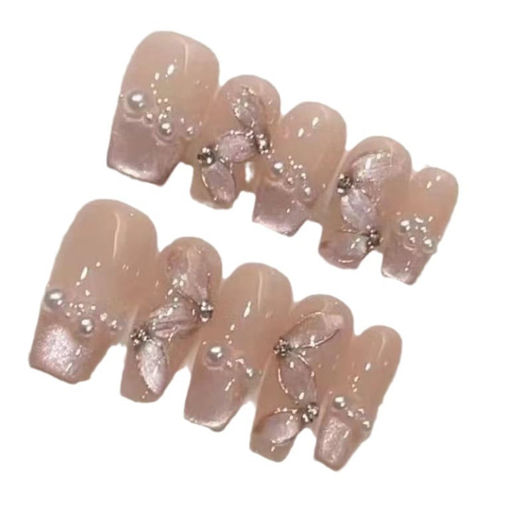 Künstlerisches Floral Press-On Nagelset mit Perlenakzenten Karnz