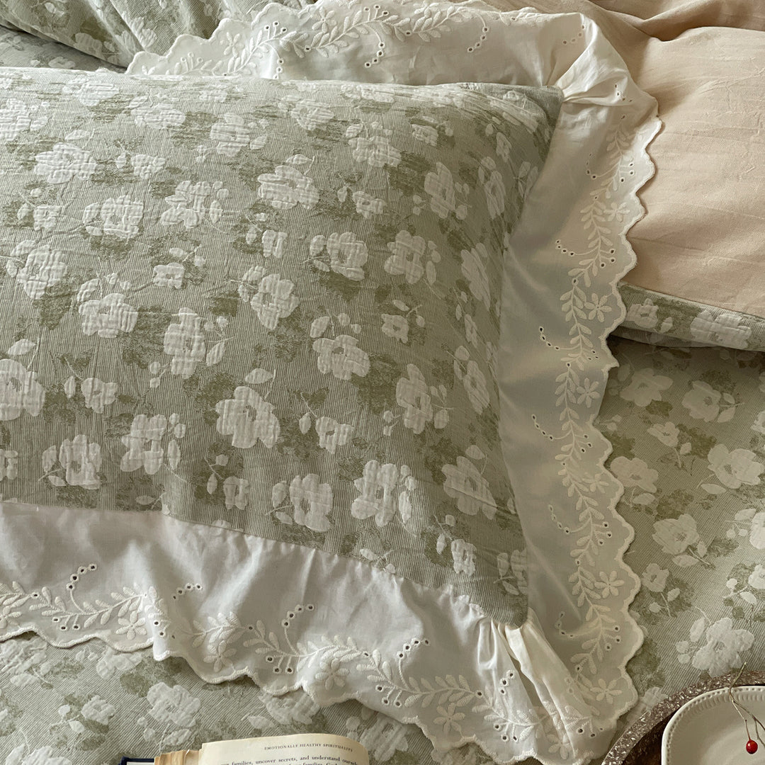 Botanisches Baumwoll-Leinen Bettbezug-Set mit ruffled gewelltem Saum
