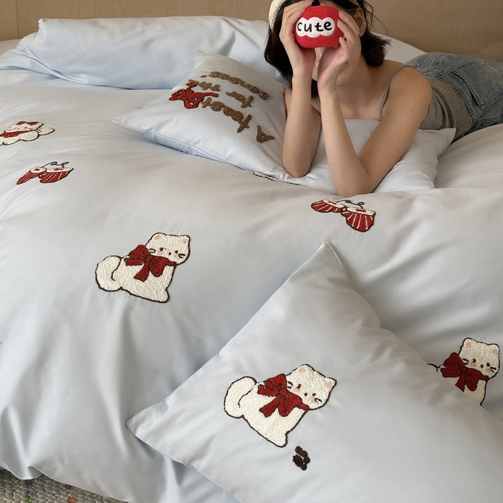 Baumwollsatin-Bettbezug-Set mit Chenille-Katzenapplikationen und feiner Satinqualität
