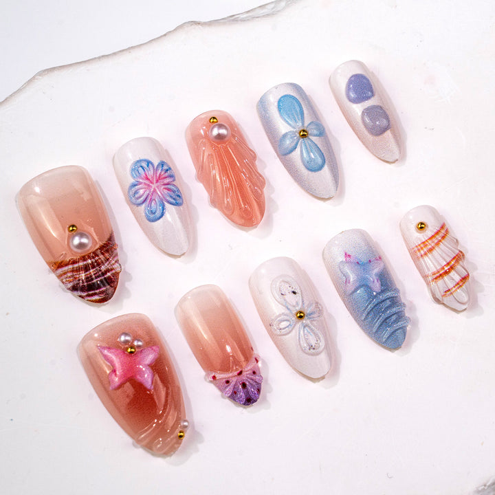 Künstlerisches, sommerlich inspiriertes Press-On-Nagelset