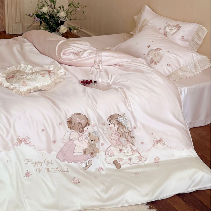 Luxuriöses besticktes Bettwäscheset aus Baumwollsatin mit Rüschen und Märchenmotiv Karnz