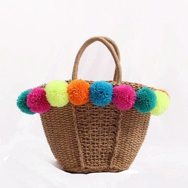 Damen Strandtasche mit bunten Pompons Karnz