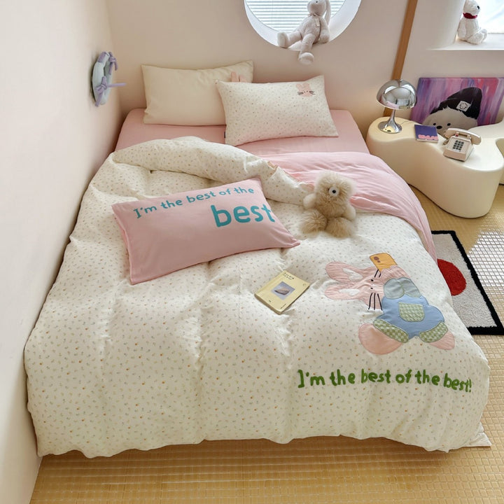 Gep quiltete Cartoon Bunny Appliqué Bettwäsche Set