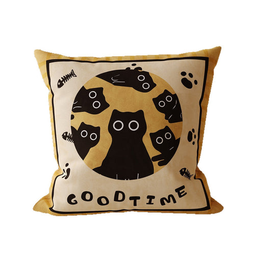 Decorative Striped Cotton-Linen Throw Pillow Cover with Playful Black Cat Motif