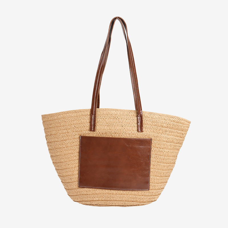 Damen Handgefertigte Tasche aus geflochtenem Naturmaterial mit eleganter Lederapplikation Karnz