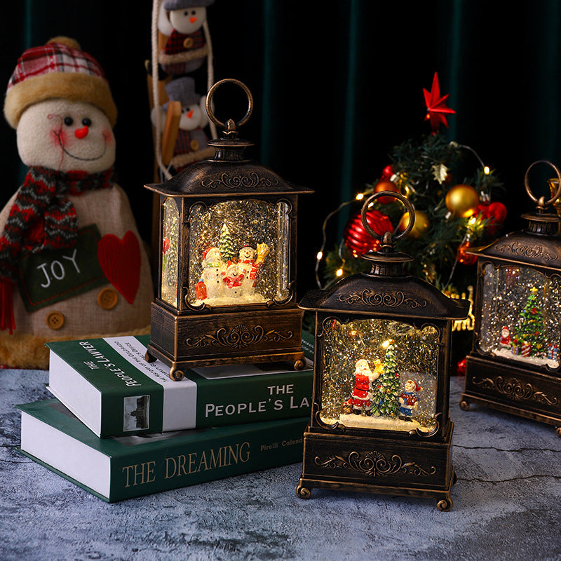 Glitzernde Weihnachtslaterne mit Schneeszenen Karnz