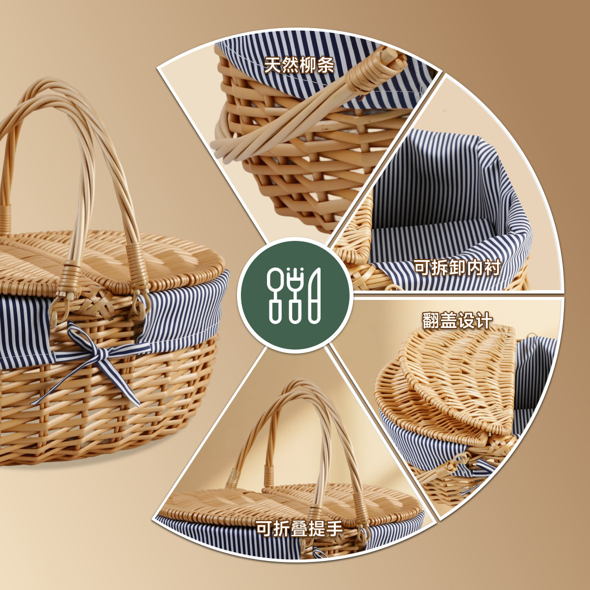 Damen geflochtener Picknickkorb mit romantischem Gingham-Futter Karnz